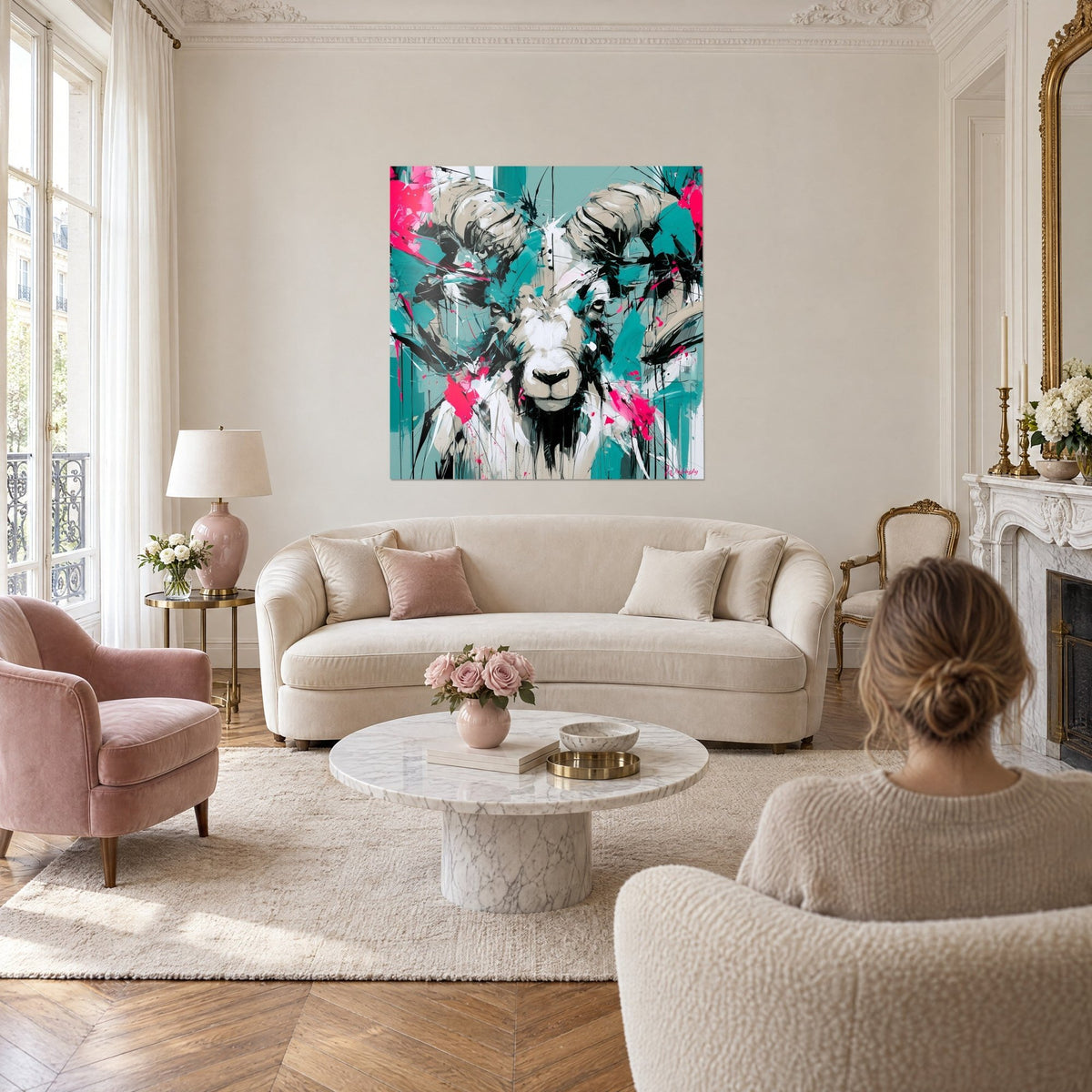 Schilderij ram met beige opgerolde hoorns, fuchsia en turquoise spatten, boven een bank in een lichte woonkamer