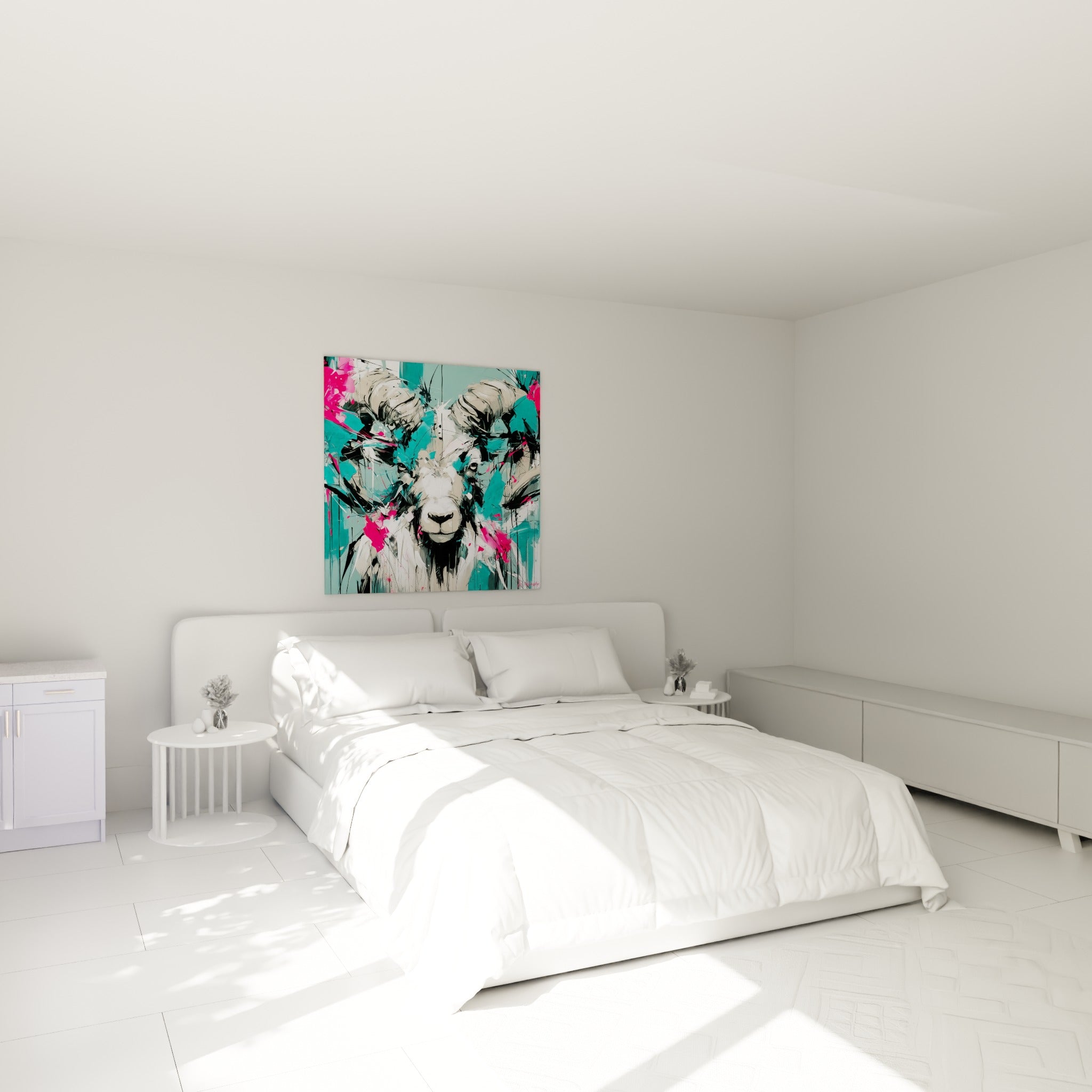 Cornes de Bélier sculptées en touches beige et noir au-dessus d'un lit dans une chambre claire