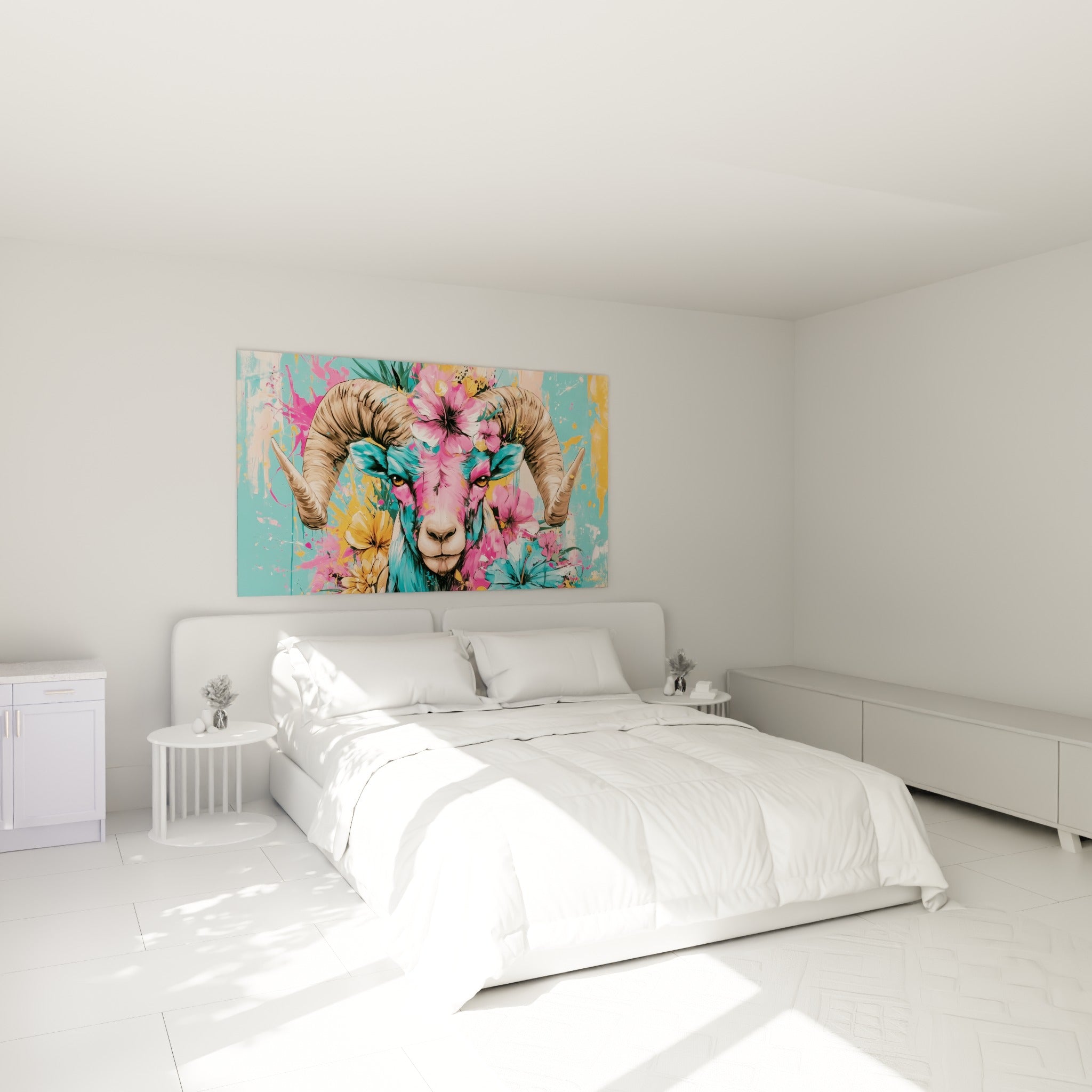 Cornes beige texturées et fleurs turquoise ornant ce Bélier coloré, au-dessus d'un lit dans une chambre claire