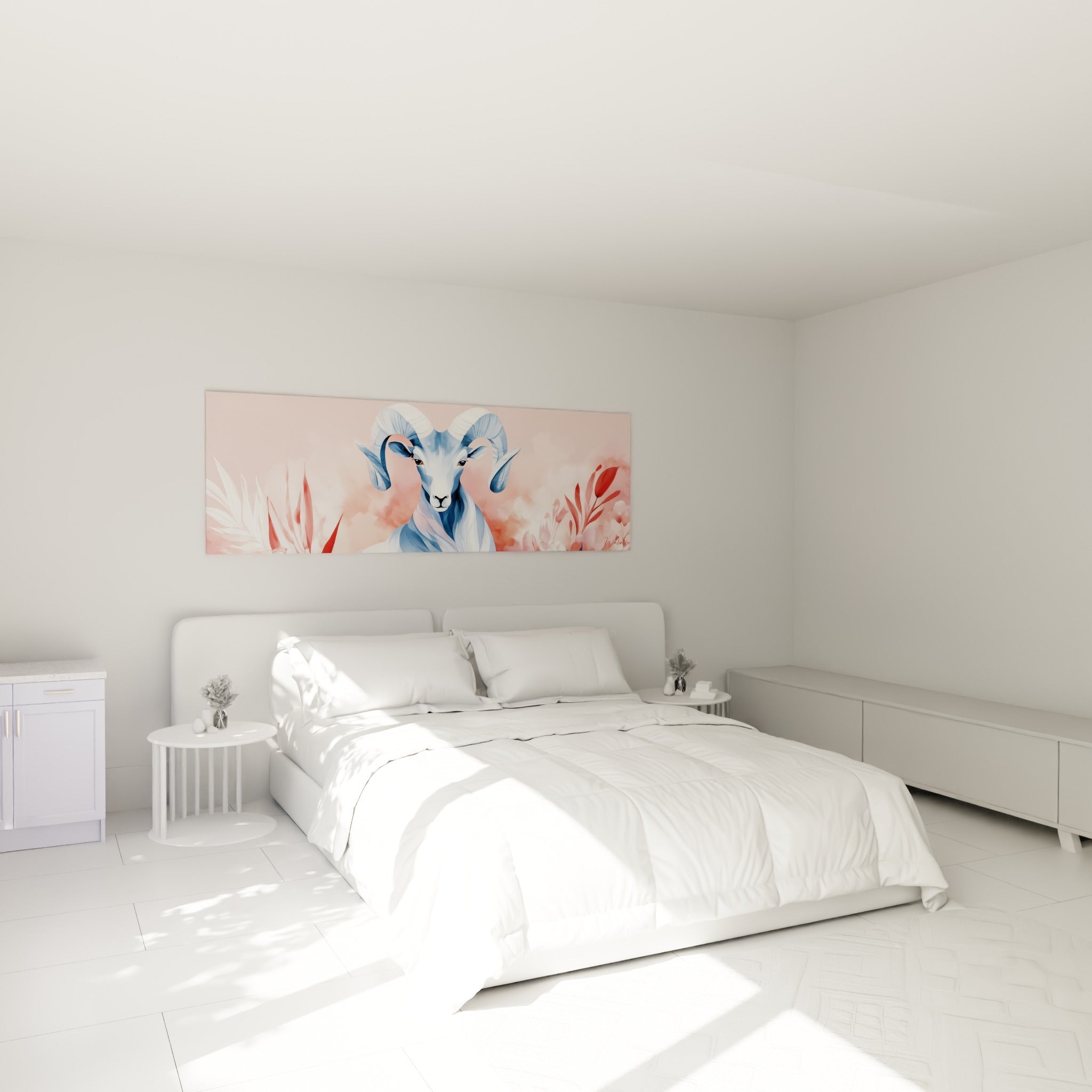 Cornes givrées et regard perçant du Bélier bleu, au-dessus d'un lit dans une chambre claire