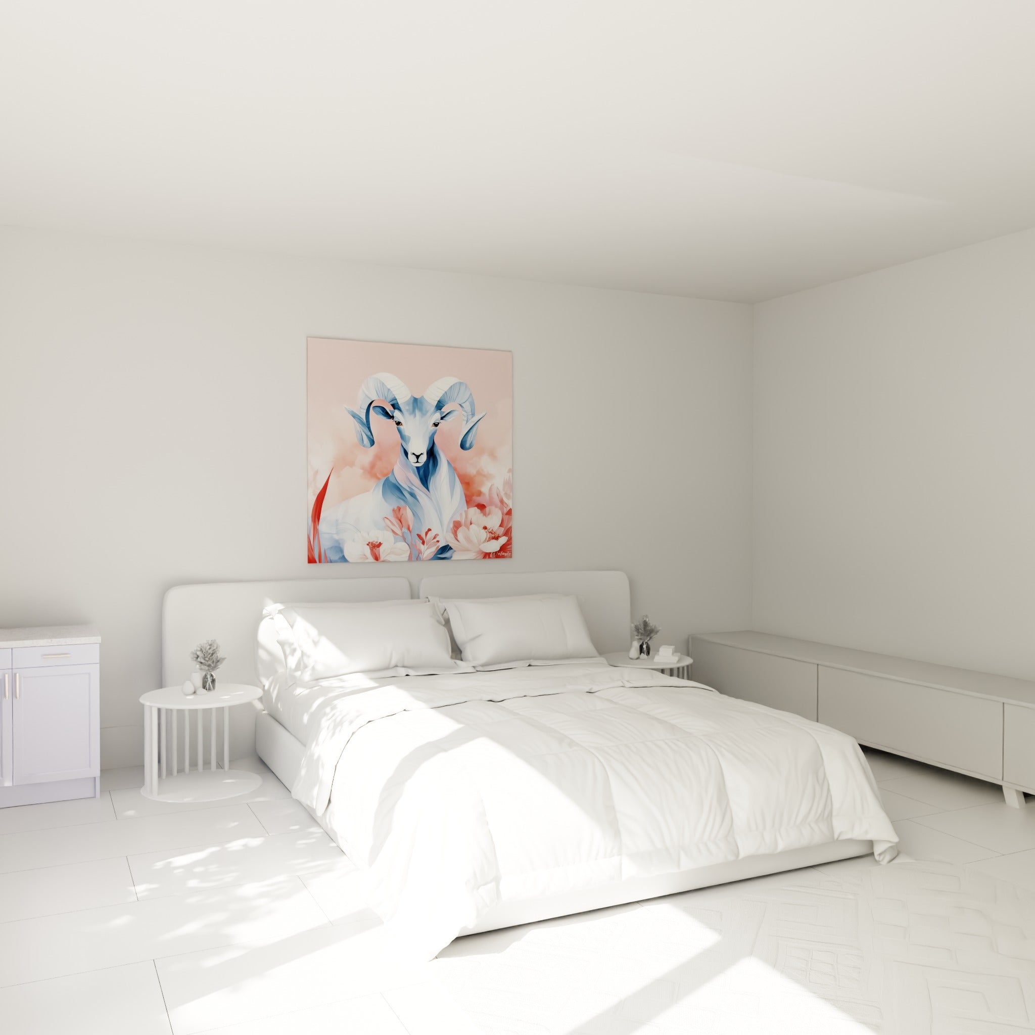 Cornes bleu pastel et fleurs corail du Bélier accrochées au-dessus d'un lit dans une chambre claire