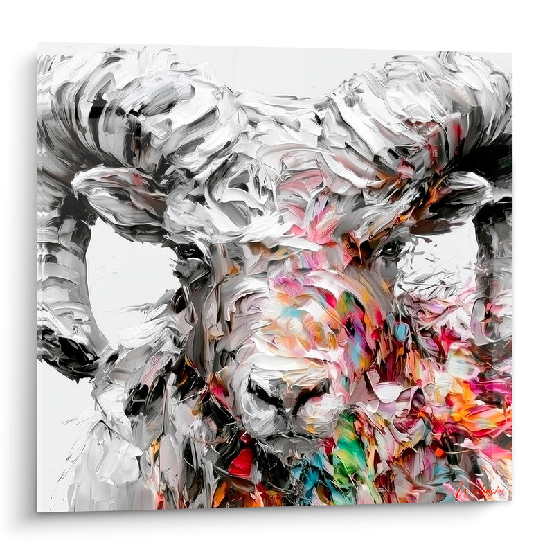 Tableau Bélier blanc et noir museau multicolore éclaté - Explosion de pigments - Edition Bélier