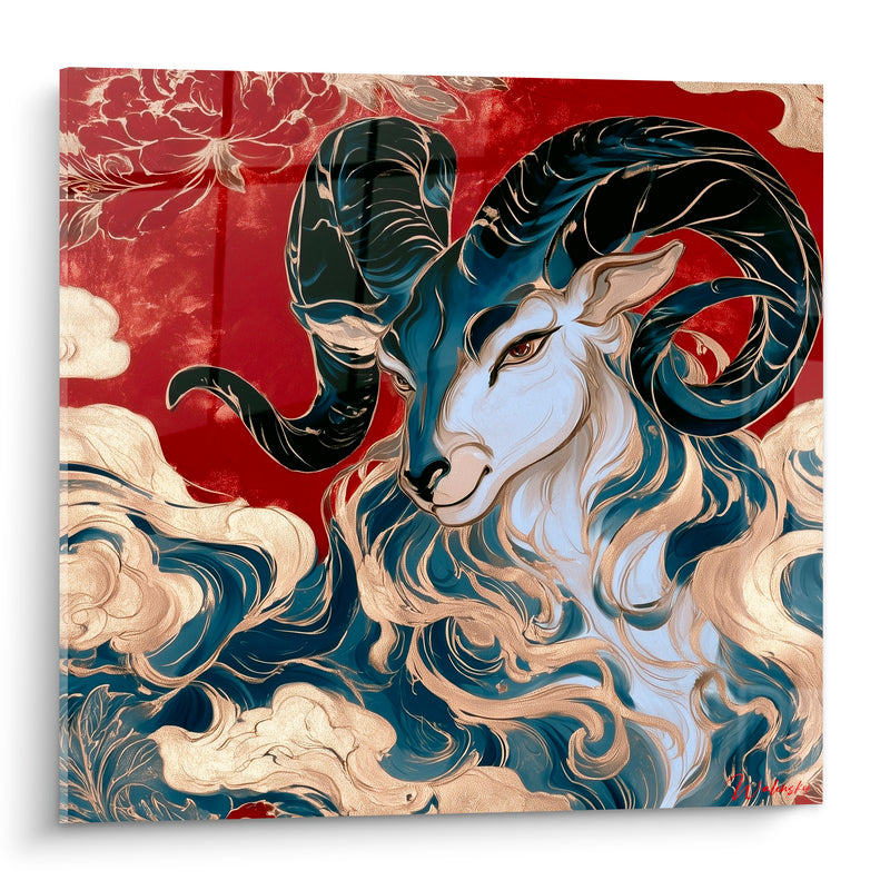 Tableau Bélier cornes bleu nuit fond rouge cinabre - Souffle ancestral - Edition Bélier