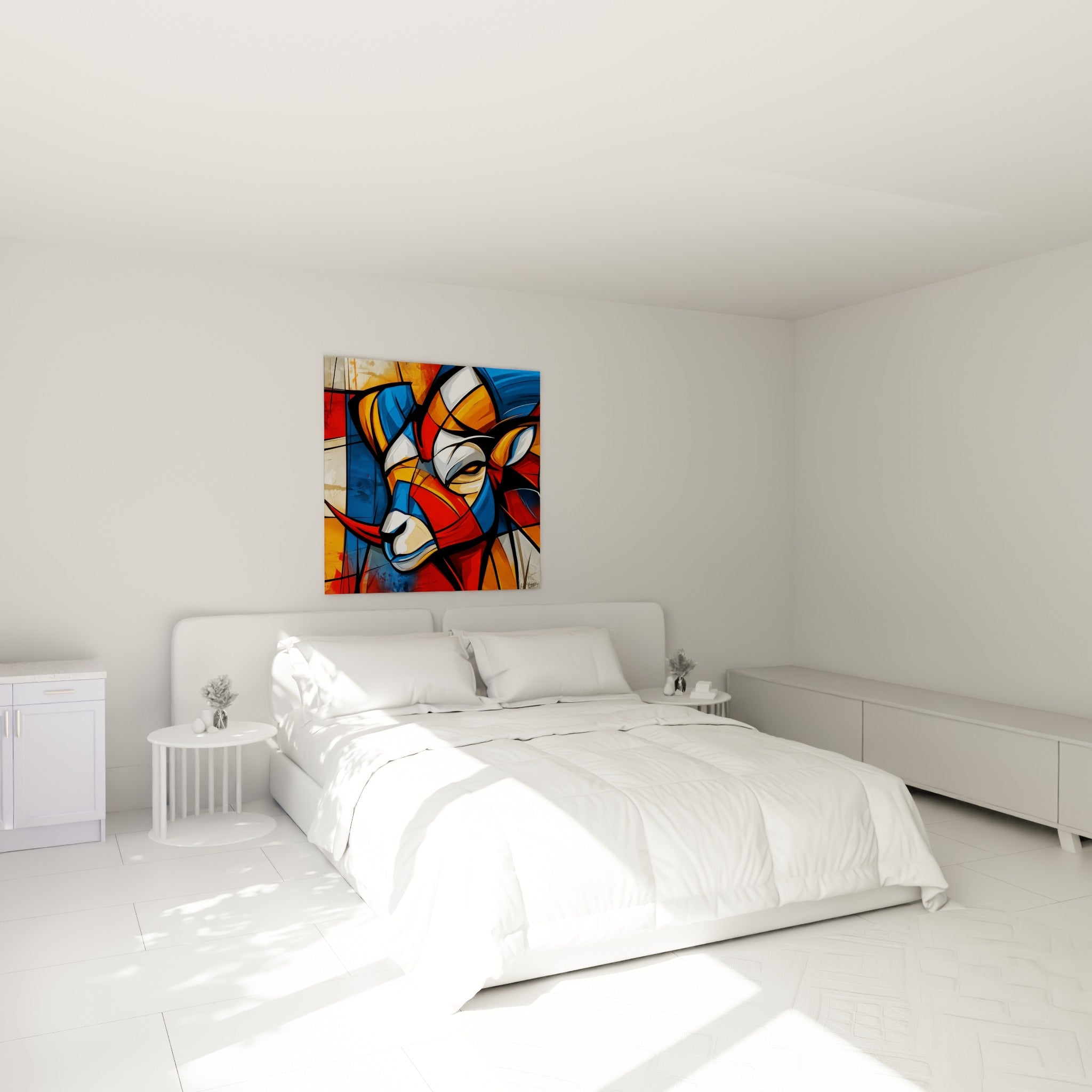 Cornes bleu roi et regard perçant du Bélier fragmenté, au-dessus d'un lit dans une chambre claire