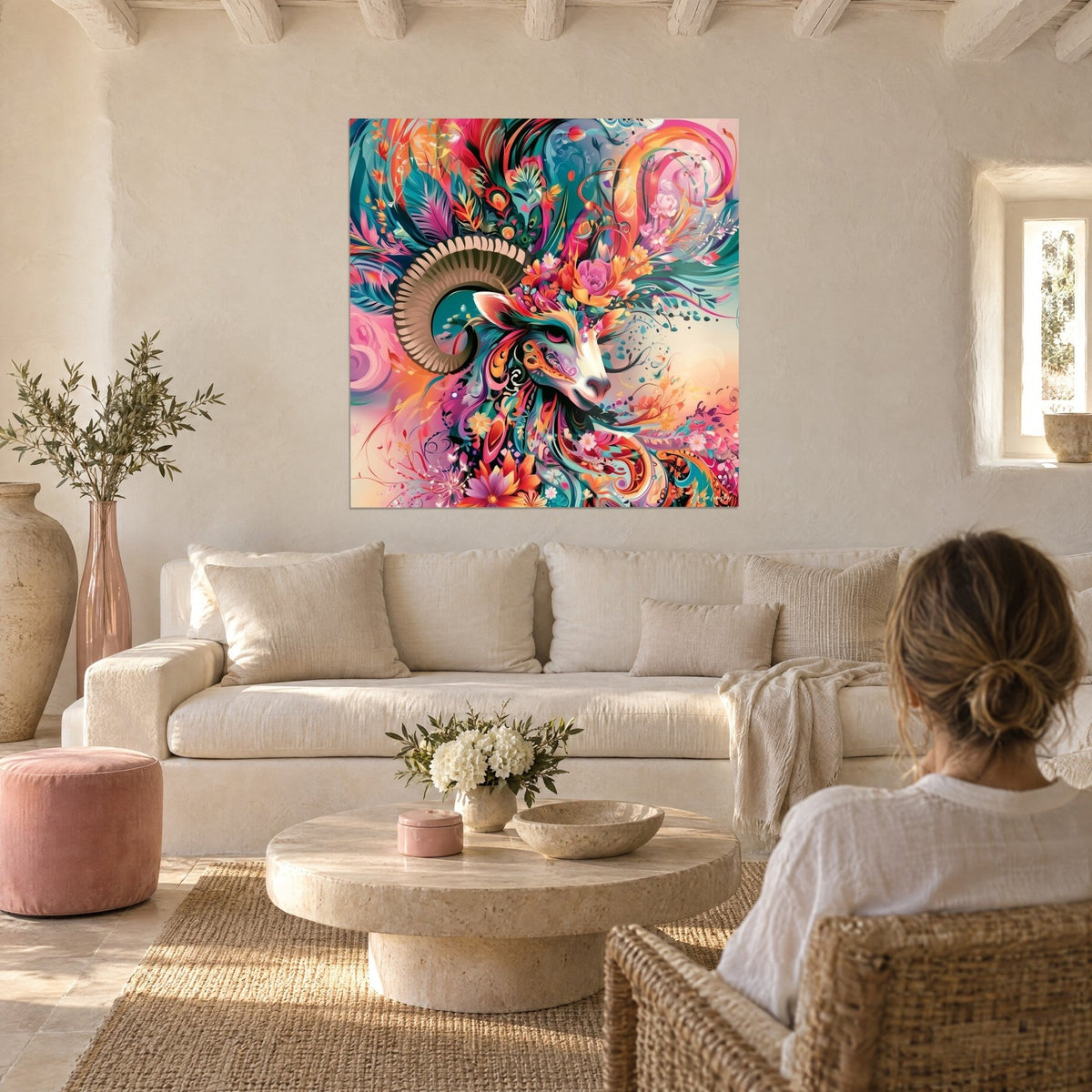 Schilderij ram met bloemen en spiraalvormige hoorns, turquoise en koraalkleurige veren, boven een bank in een lichte woonkamer