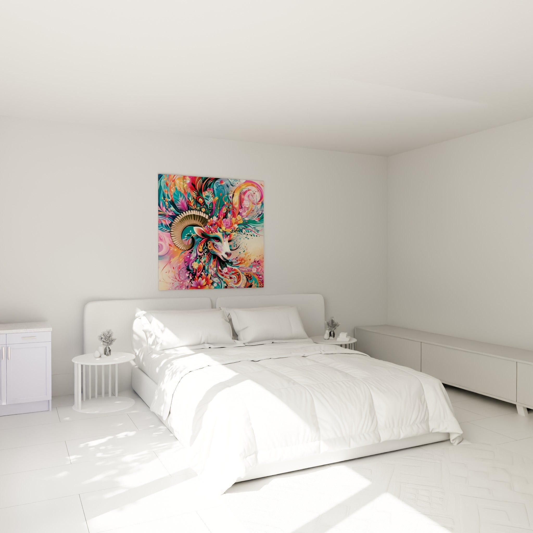 Cornes enroulées et fleurs corail ornent ce Bélier, accroché au-dessus d'un lit dans une chambre claire