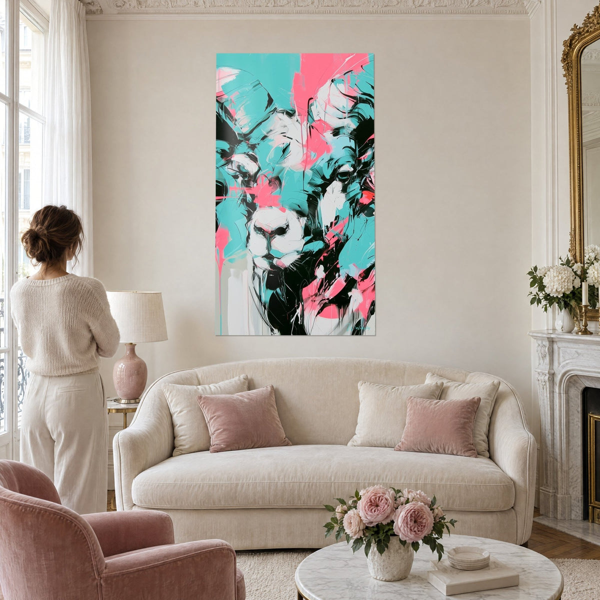 Tableau bélier aux cornes enroulées turquoise et rose fluo, coulures noires, au-dessus d'un canapé dans un salon lumineux