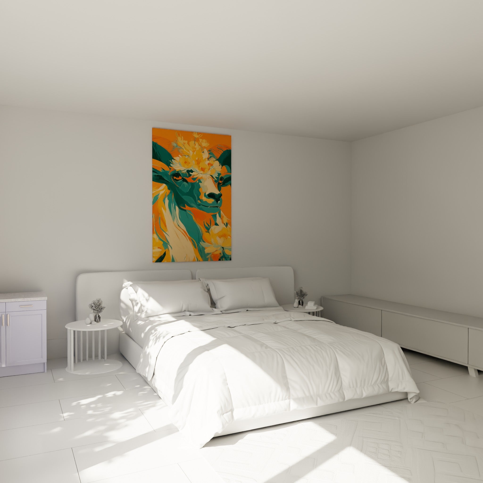 Cornes sarcelle et couronne florale ocre du Bélier au-dessus d'un lit dans une chambre claire