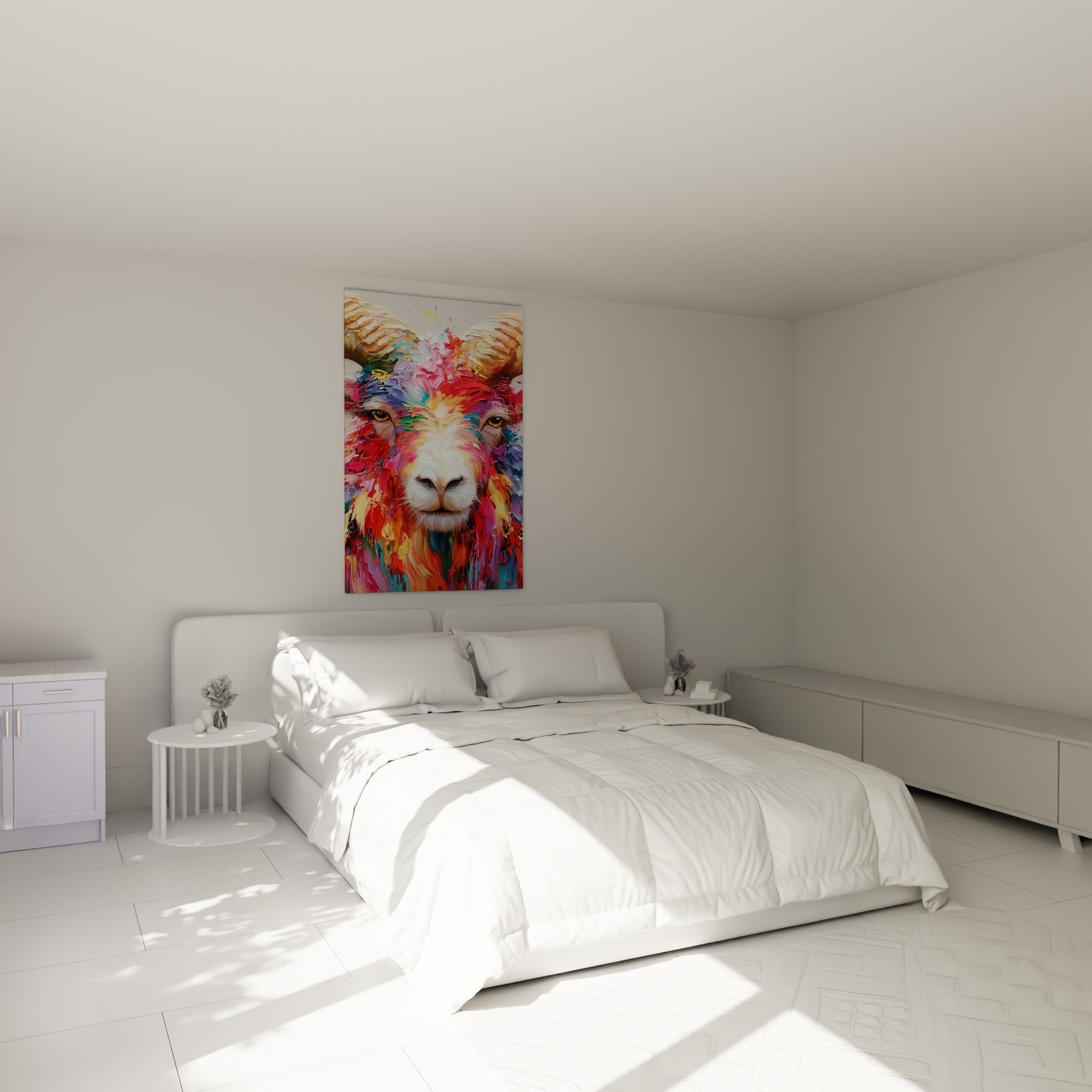 Cornes crème et pelage rose vif du Bélier accrochés au-dessus d'un lit dans une chambre claire