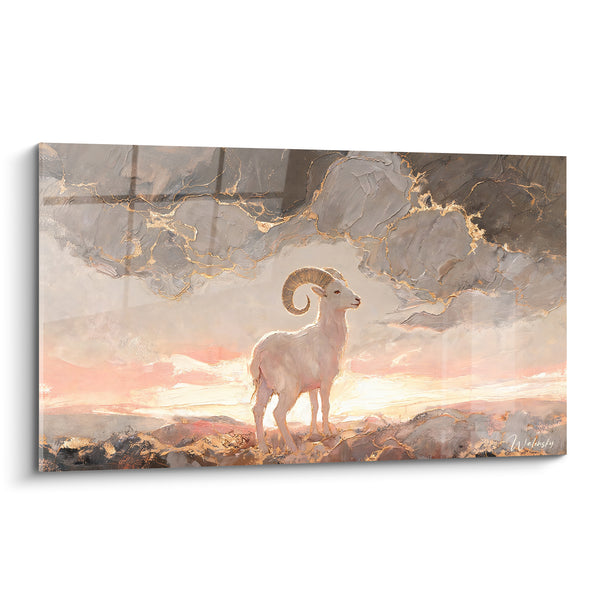 Tableau Mouflon blanc aux cornes dorées - Veille sur les sommets - Edition bélier
