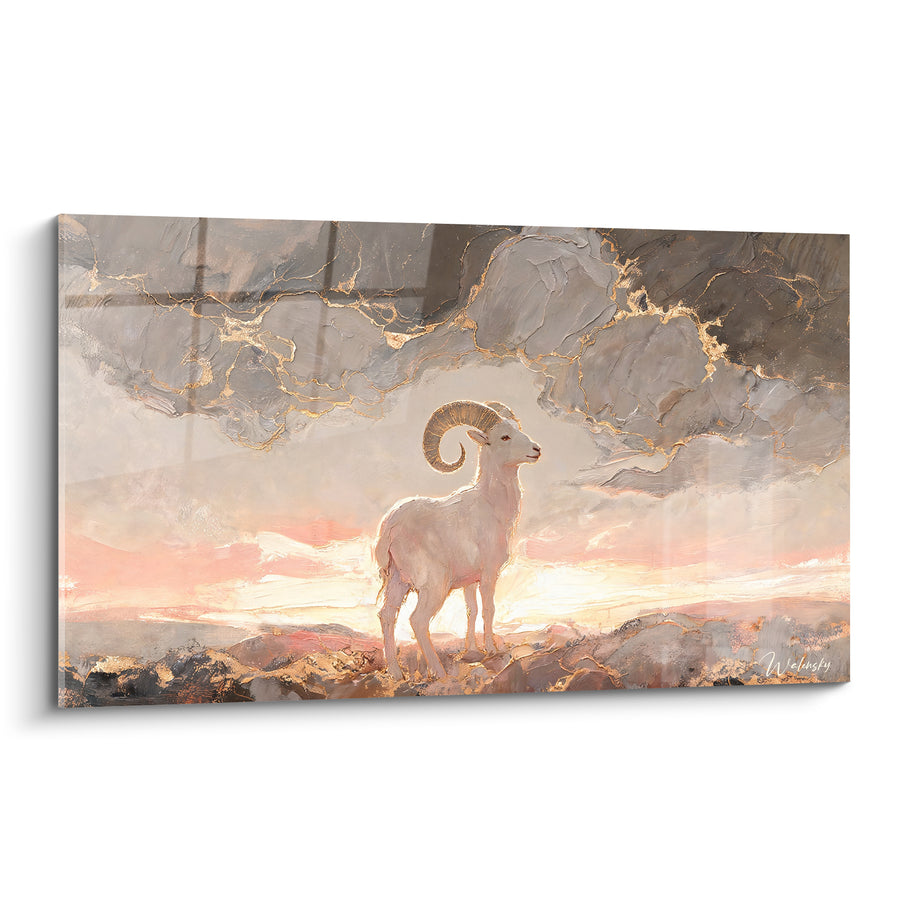 Tableau Mouflon blanc aux cornes dorées - Veille sur les sommets - Edition bélier