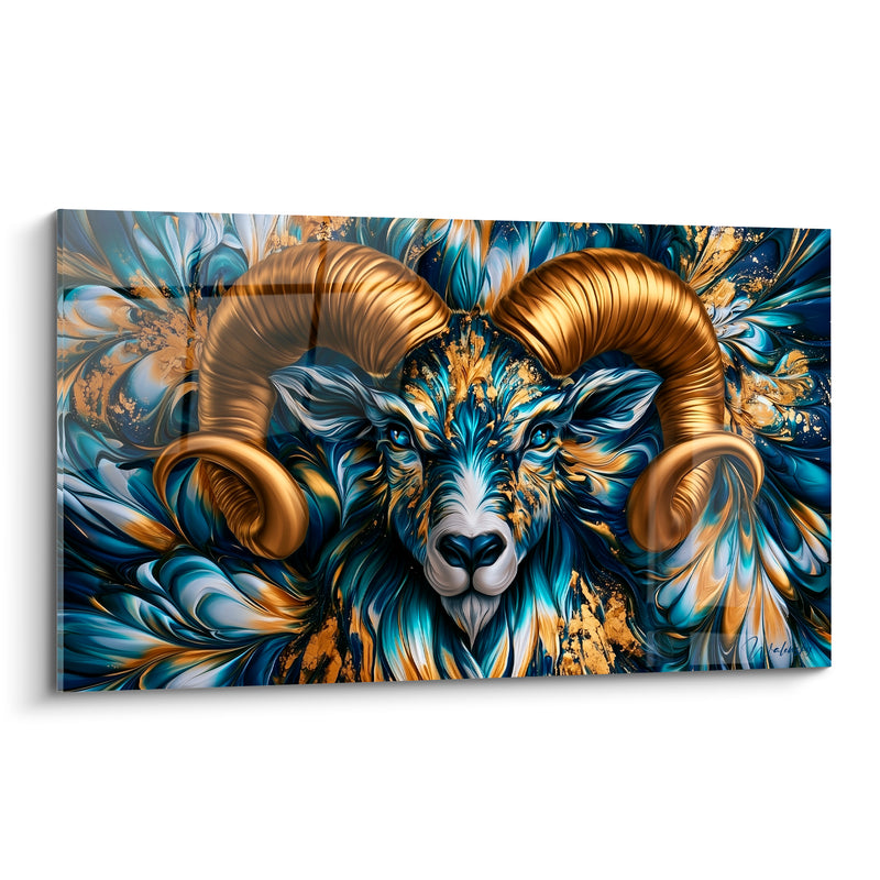 Tableau Bélier bleu et doré plumes déployées en éventail - Éventail de plumes - Edition Bélier