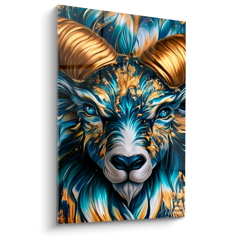 Tableau Bélier cornes dorées pelage bleu marine givré - Majesté givrée - Edition Bélier