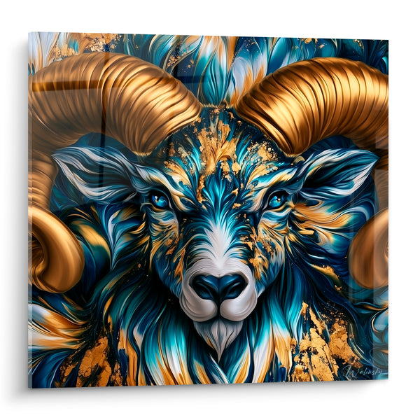 Cuadro de carnero con cuernos dorados y pelaje azul marino - Mirada celestial - Edición Carnero