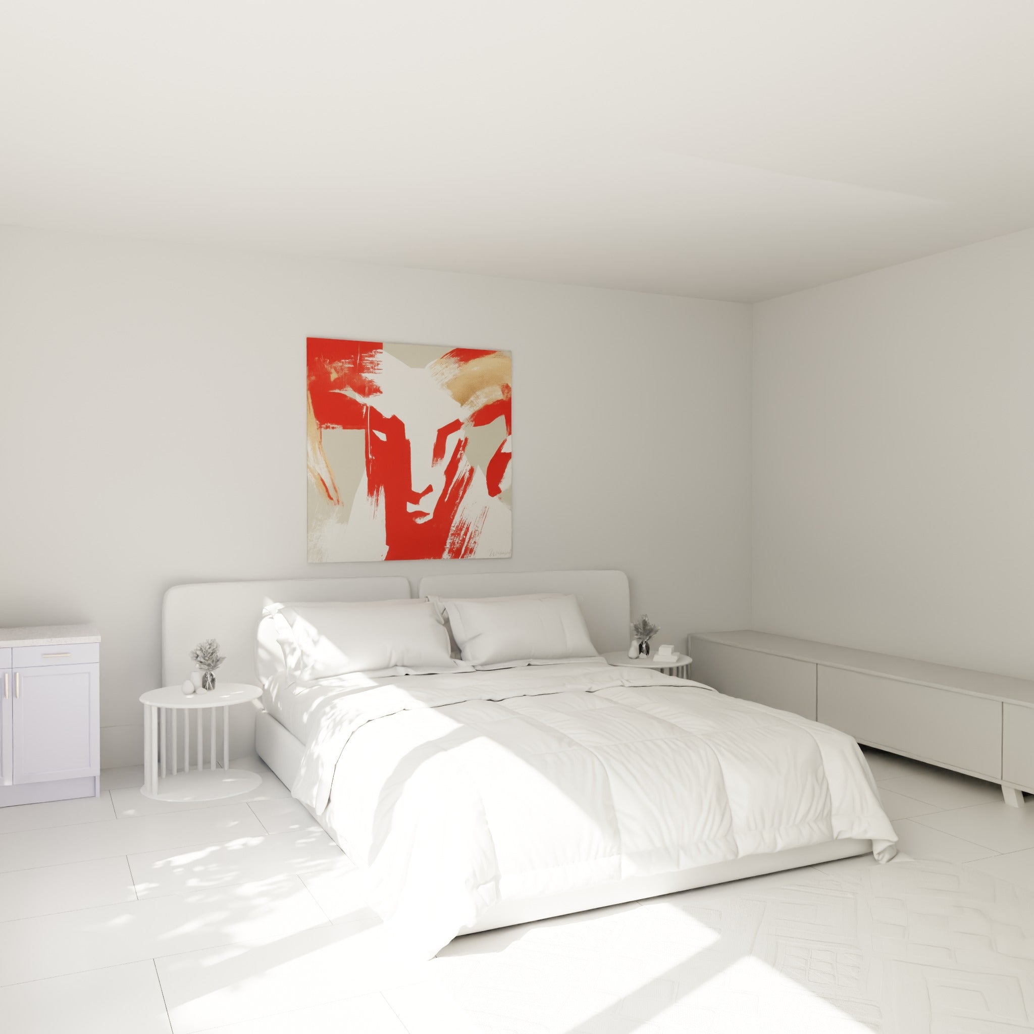 Cornes de bélier tracées en rouge et doré sable, accrochées au-dessus d'un lit dans une chambre claire
