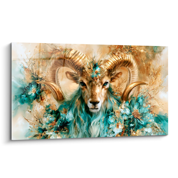 Cuadro de carnero dorado y turquesa con flor frontal ramificada - Rama dorada con flores - Edición Carnero