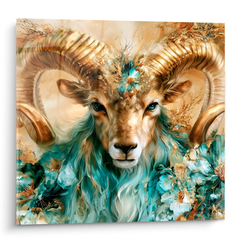 Tableau Bélier cornes dorées fleurs turquoise - Gardien floral - Edition Bélier