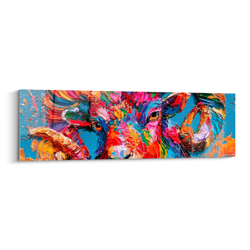 Tableau Bélier fond bleu ciel visage arc-en-ciel texturé - Empâtements multicolores au couteau - Edition Bélier