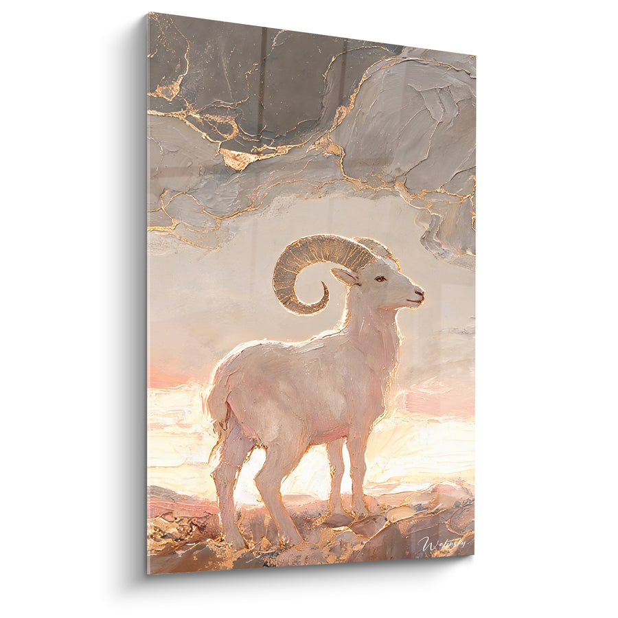 Tableau Bouquetin blanc aux cornes dorées - Majesté des cimes - Edition bélier