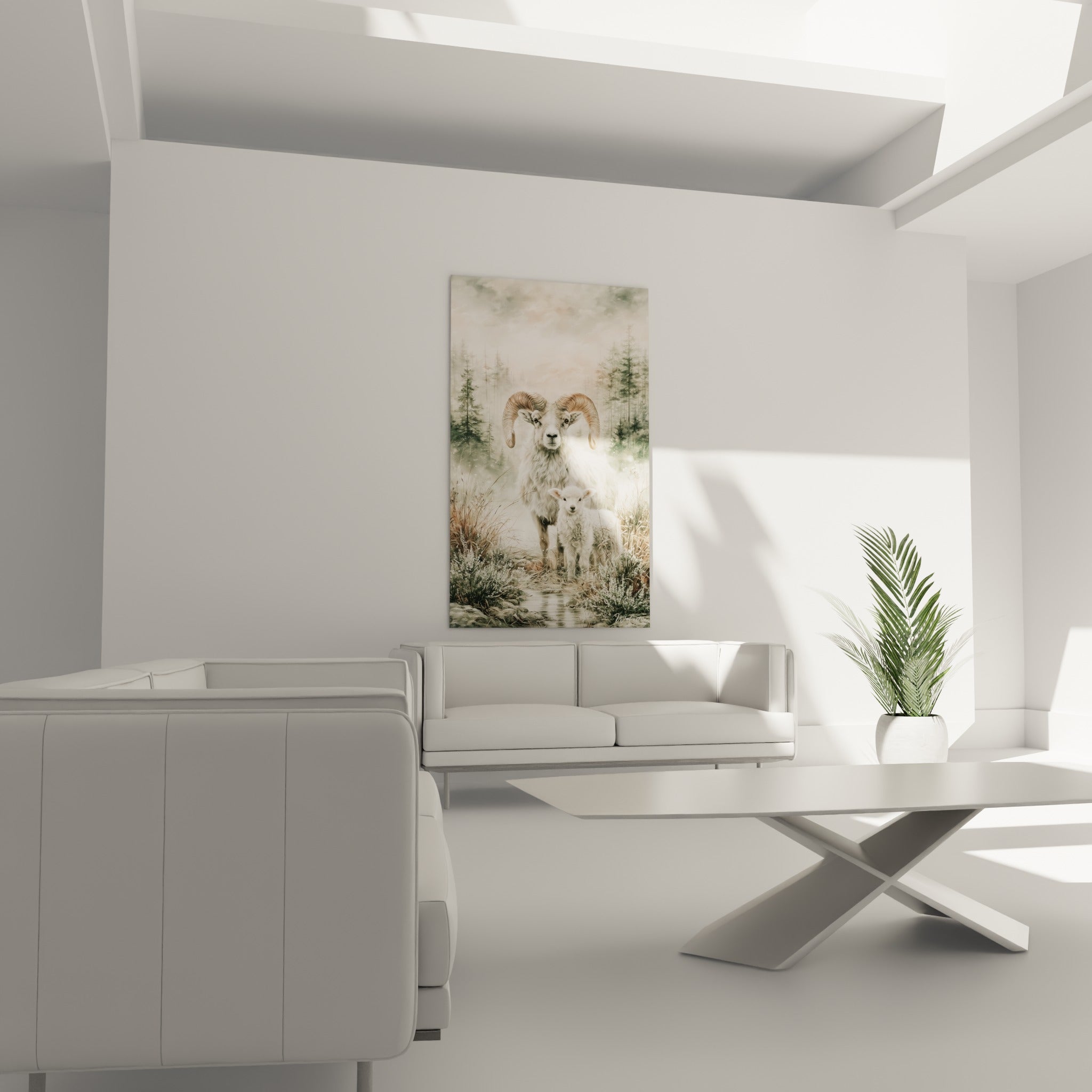 Regard paisible d'un bélier ocre et blanc accompagné de son agneau, au-dessus d'un canapé dans un salon lumineux