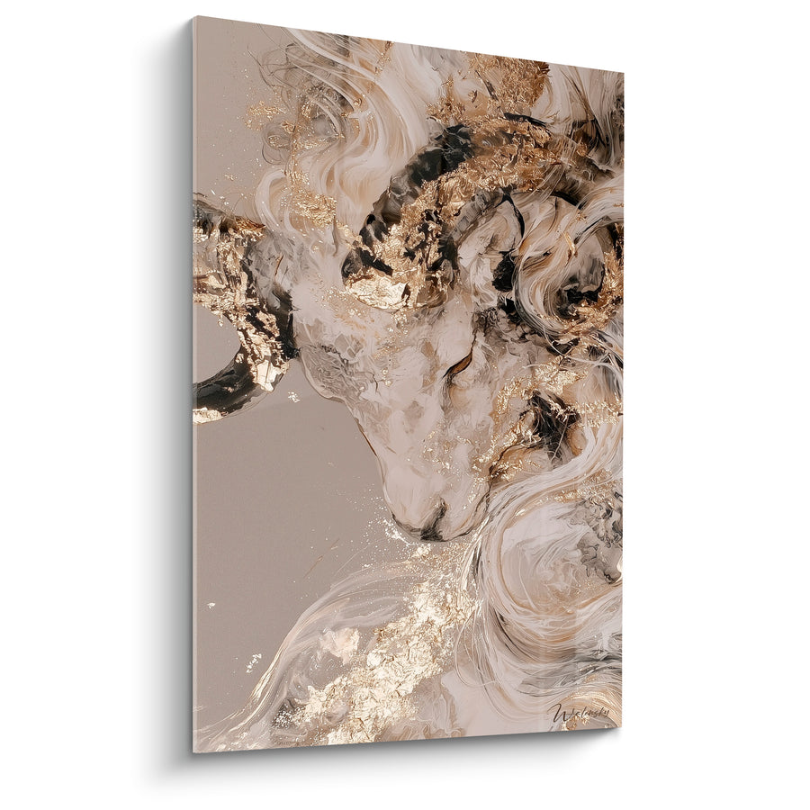 Tableau Bélier cornes dorées fond taupe - Majesté minérale - Edition Bélier