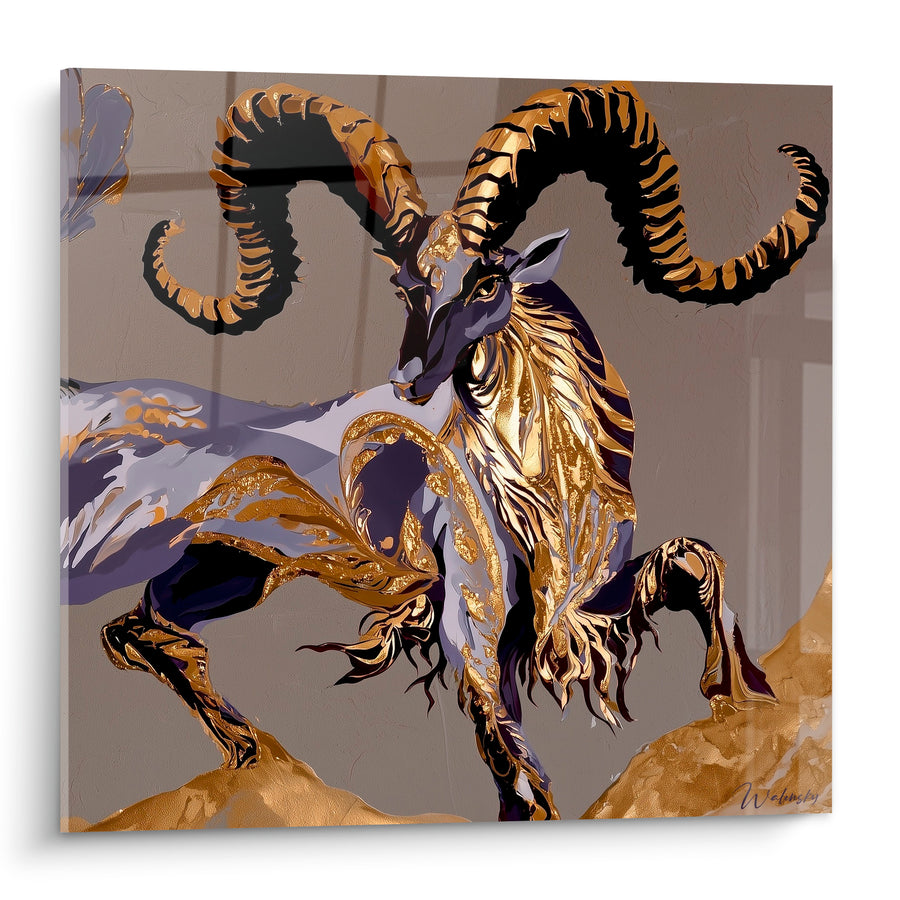 Tableau Bélier cornes dorées et crinière violette flamboyante - Ascension royale - Edition Bélier
