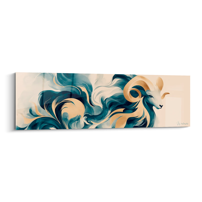 Tableau Bélier bleu pétrole et doré crinière vaporeuse - Traînée d'écume dorée - Edition Bélier