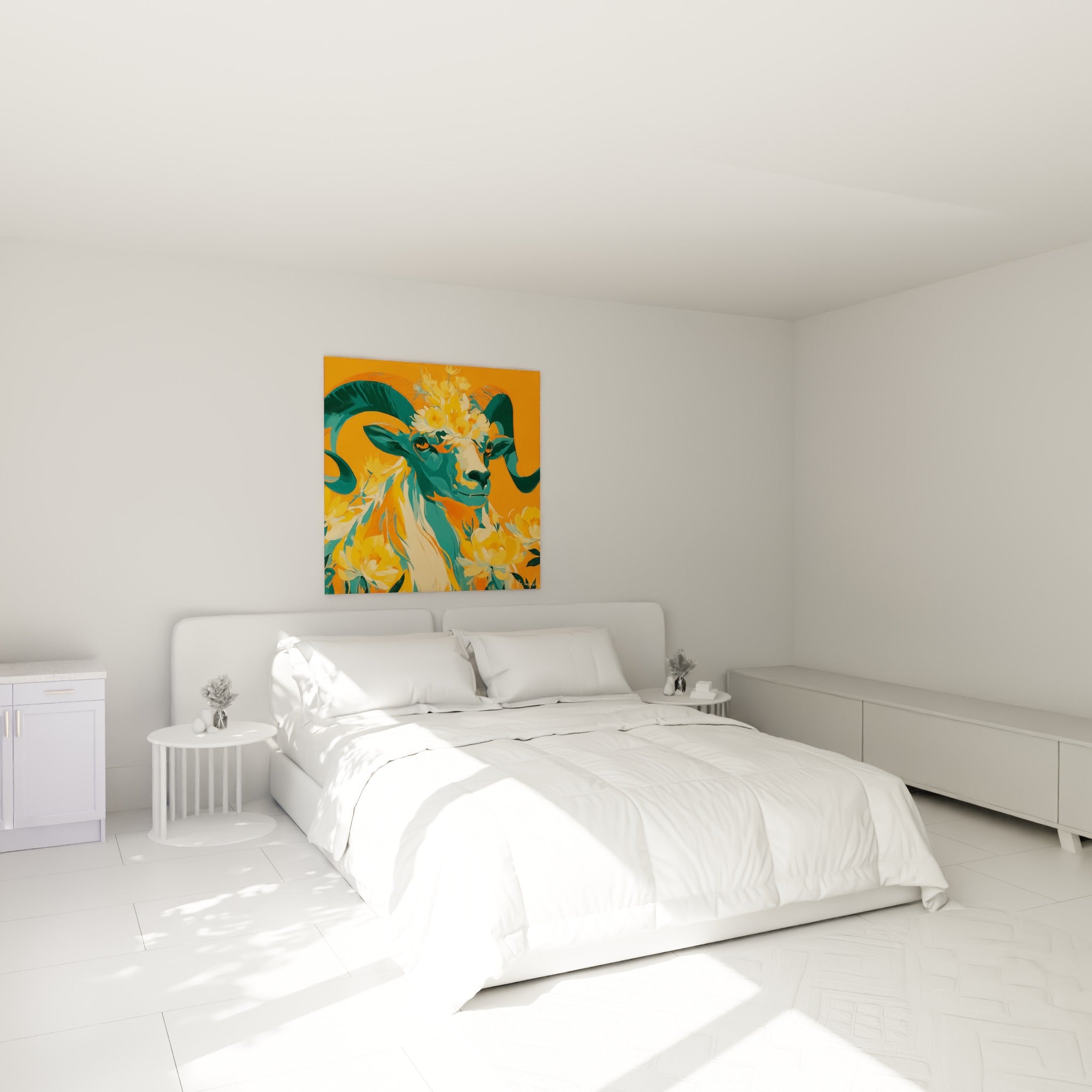 Cornes sarcelle enroulées et fleurs dorées ornent ce Bélier, accroché au-dessus d'un lit dans une chambre claire