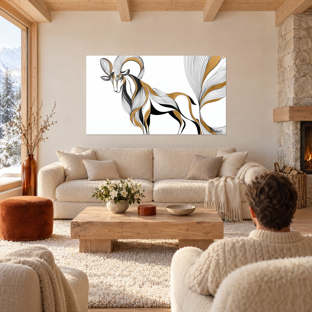 Gemälde Widder im Stil mit spiralförmigen Hörnern, ockerfarbene und schwarze Voluten auf weißem Grund, über einem Sofa in einem hellen Wohnzimmer