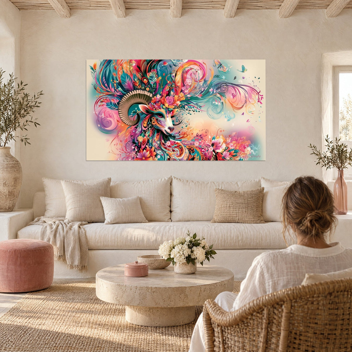 Tableau bélier aux cornes spiralées, plumes sarcelle et fleurs corail, deux personnes de dos, au-dessus d'un canapé dans un salon lumineux