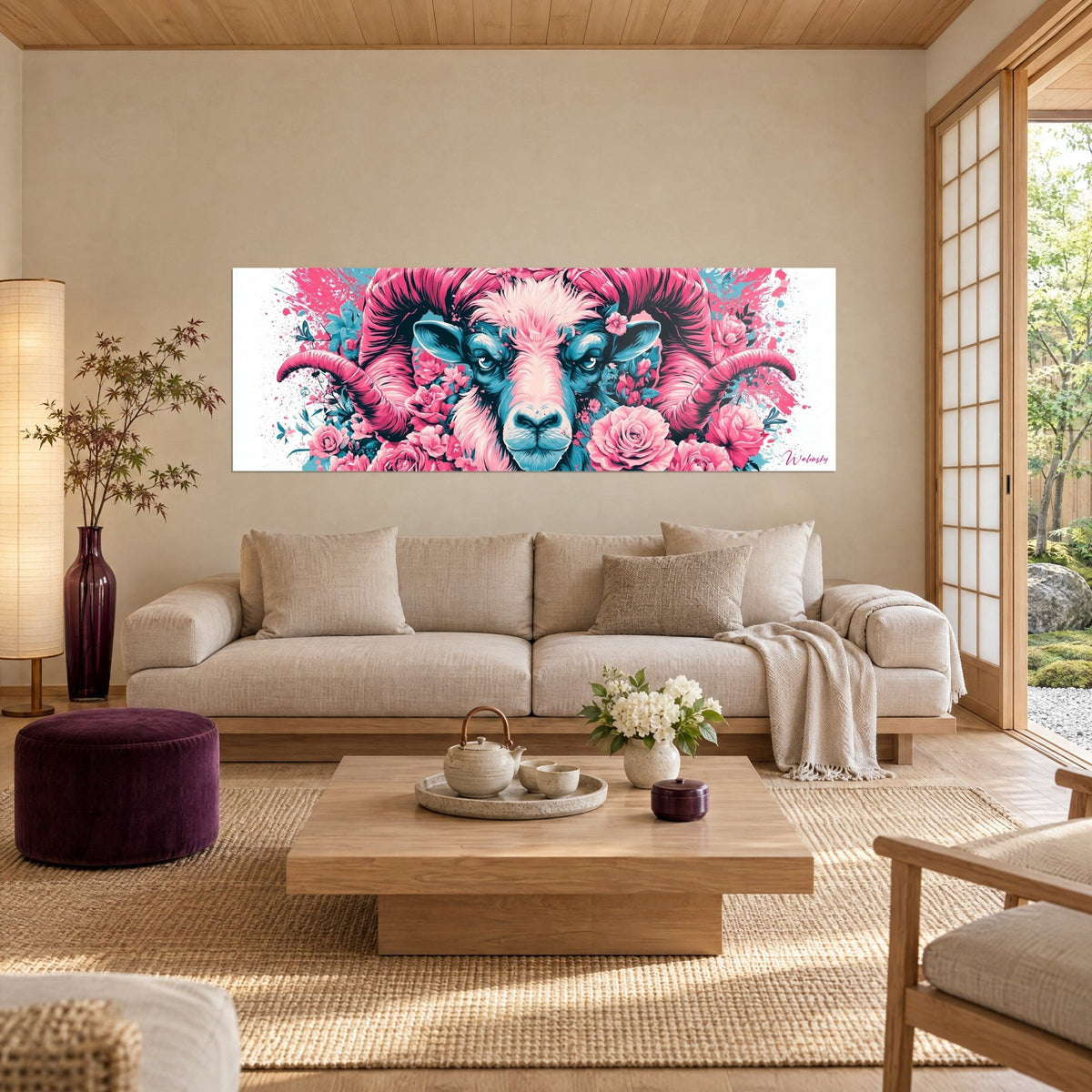 Quadro ariete dalle corna rosa a spirale, viso turchese e peonie fucsia, sopra un divano in un soggiorno luminoso
