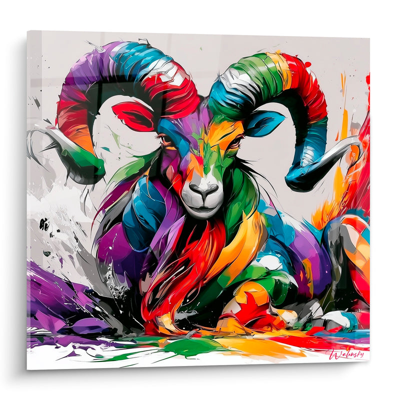 Ram Painting with Multicolor Horns and Splashes - Fusion of Tones - Ram Edition