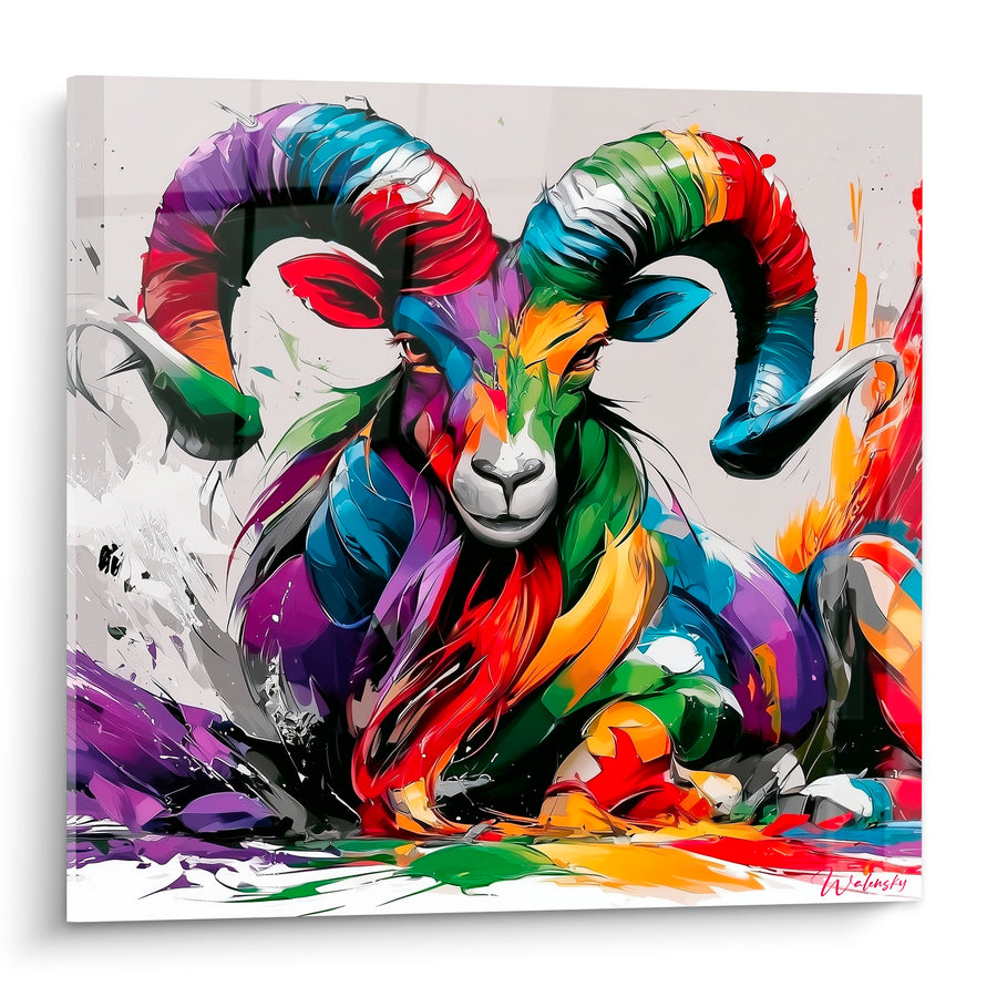 Tableau Bélier cornes multicolores éclaboussures peinture - Fusion des teintes - Edition Bélier