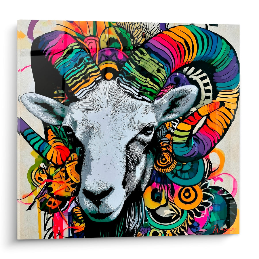 Tableau Bélier cornes multicolores motifs graphiques éclatants - Esprit indompté - Edition Bélier