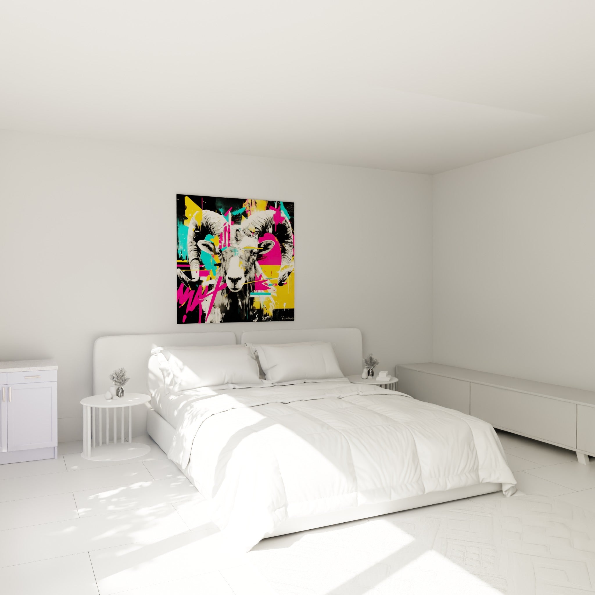 Cornes spiralées du Bélier en noir et blanc, rehaussées de rose fuchsia, au-dessus d'un lit dans une chambre claire