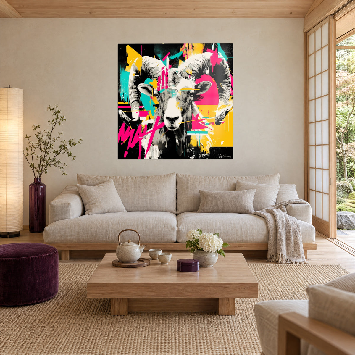 Tableau bélier aux cornes spiralées blanches, éclats fuchsia et jaune sur fond noir, au-dessus d'un canapé dans un salon lumineux
