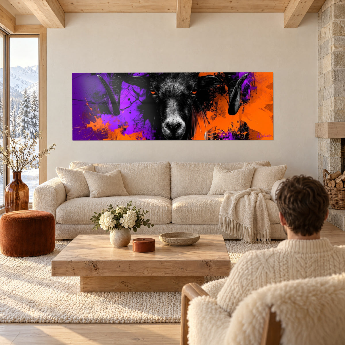 Πίνακας κριός μαύρος με σπειροειδή κέρατα, μωβ και πορτοκαλί πιτσιλιές, ζευγάρι από πλάτη πάνω από καναπέ σε φωτεινό σαλόνι