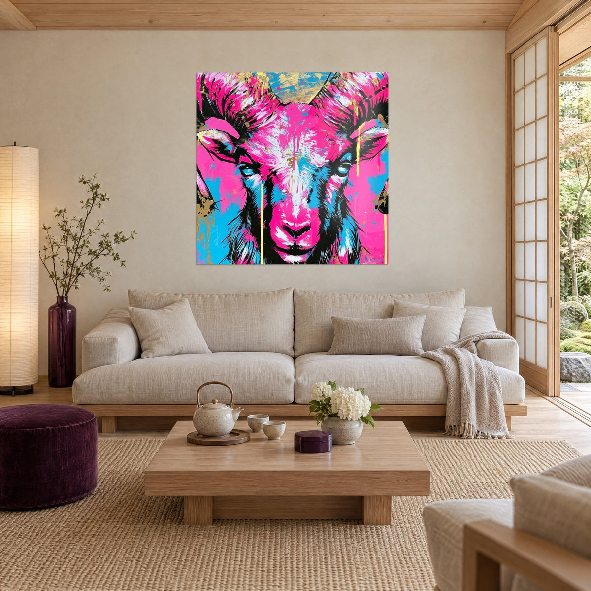 Schilderij ram met fuchsia snuit en cyaanblauwe ogen, gouden druipsporen, boven een bank in een lichte woonkamer