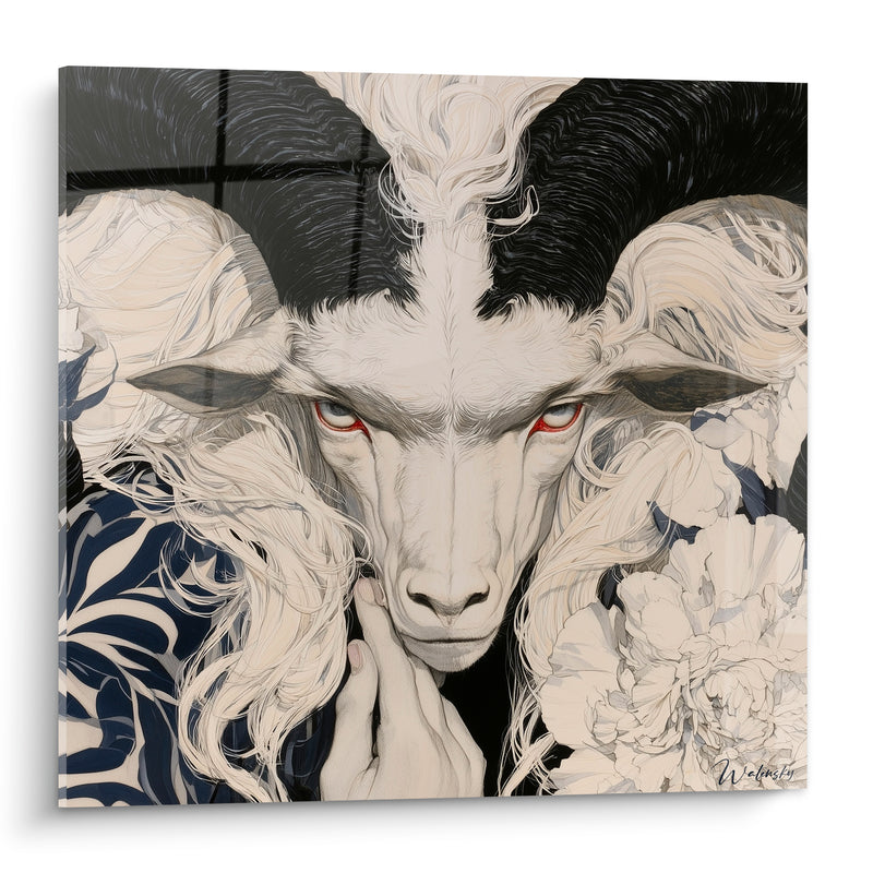 Tableau Bélier ivoire cornes noires fleur blanche - Rituel silencieux - Edition Bélier