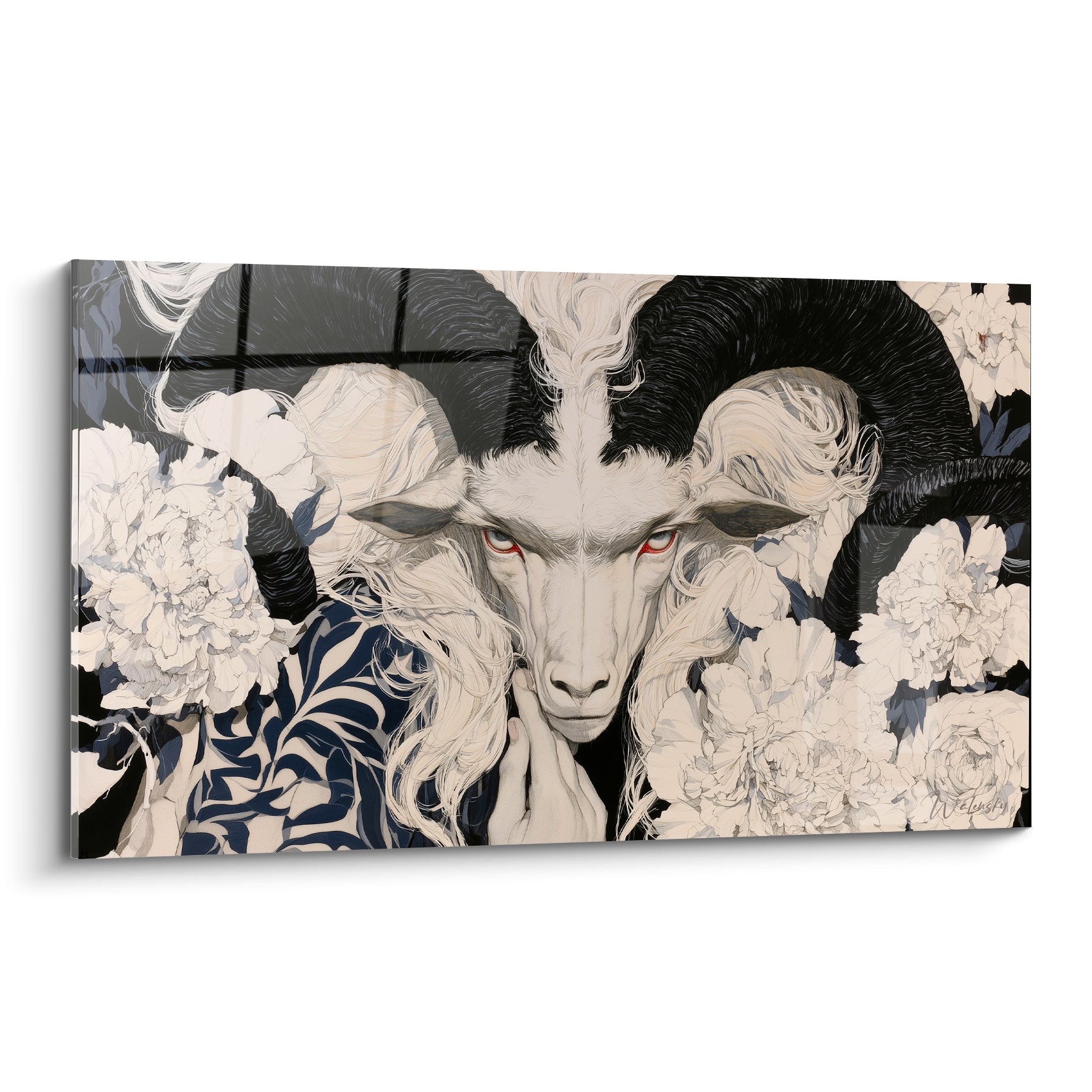 Bélier aux cornes noires, yeux ambrés et pivoines ivoire dans une composition graphique dense