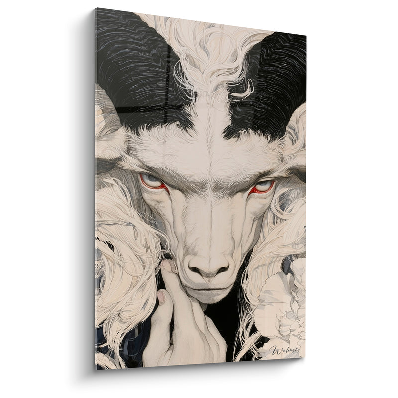 Tableau Bélier ivoire et noir yeux ambrés fleurs blanches - Fusion mystique - Edition Bélier
