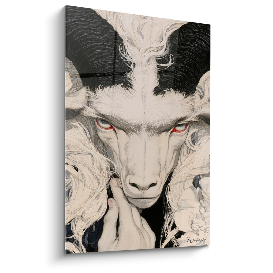 Tableau Bélier ivoire et noir yeux ambrés fleurs blanches - Fusion mystique - Edition Bélier
