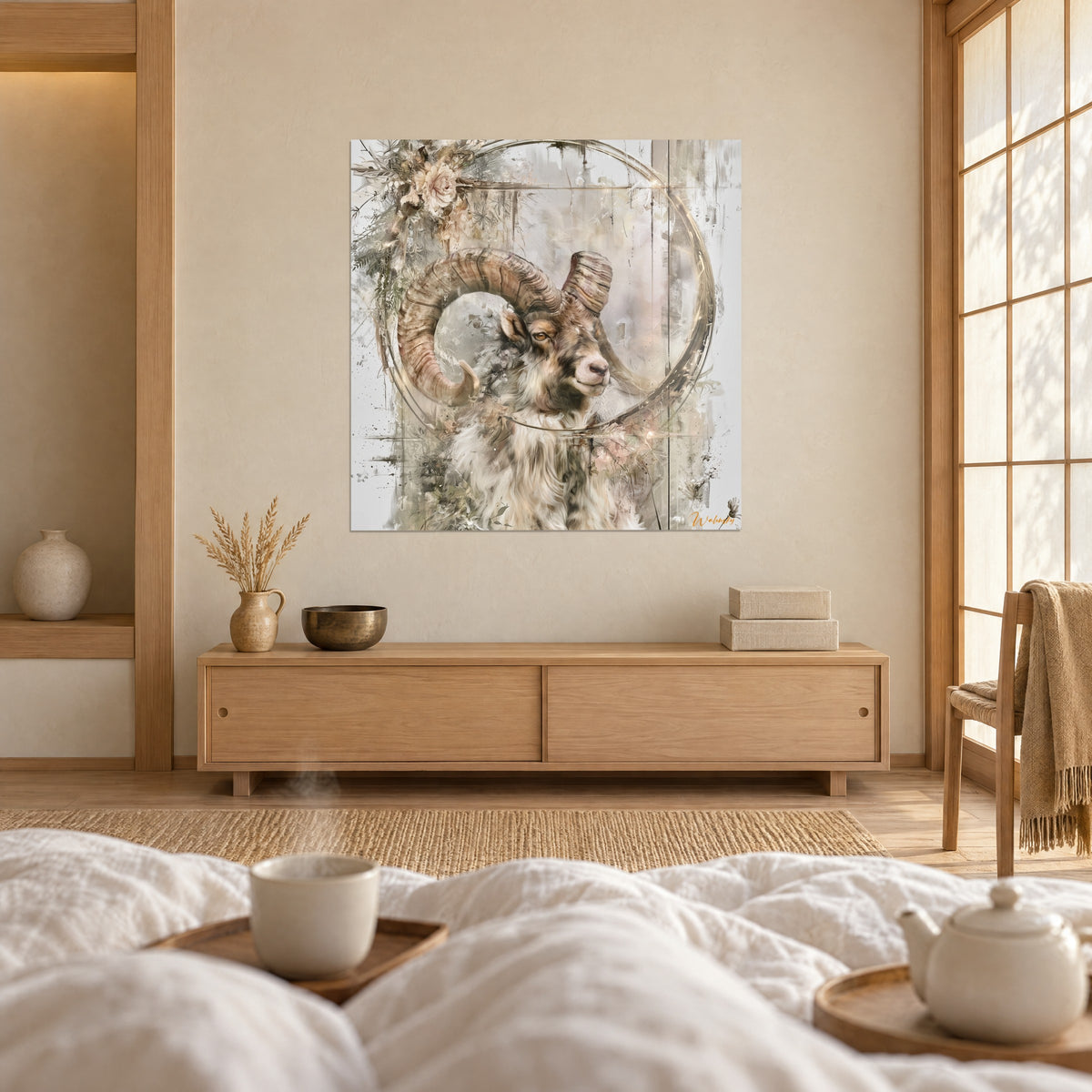 Schilderij schaap met grote okerkleurige hoorns, poederroze bloemen en gouden cirkel, bekeken door twee personen boven een bed in een lichte slaapkamer