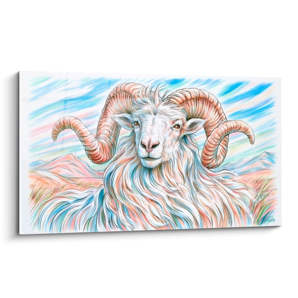 Cuadro Borrego Blanco y Melocotón Pastel Montañas Lejanas - Dibujo a Trazos Finos - Edición Borrego