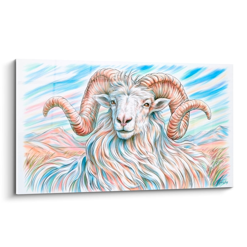 Tableau Bélier blanc et pêche pastel montagnes lointaines - Croquis au trait fin - Edition Bélier