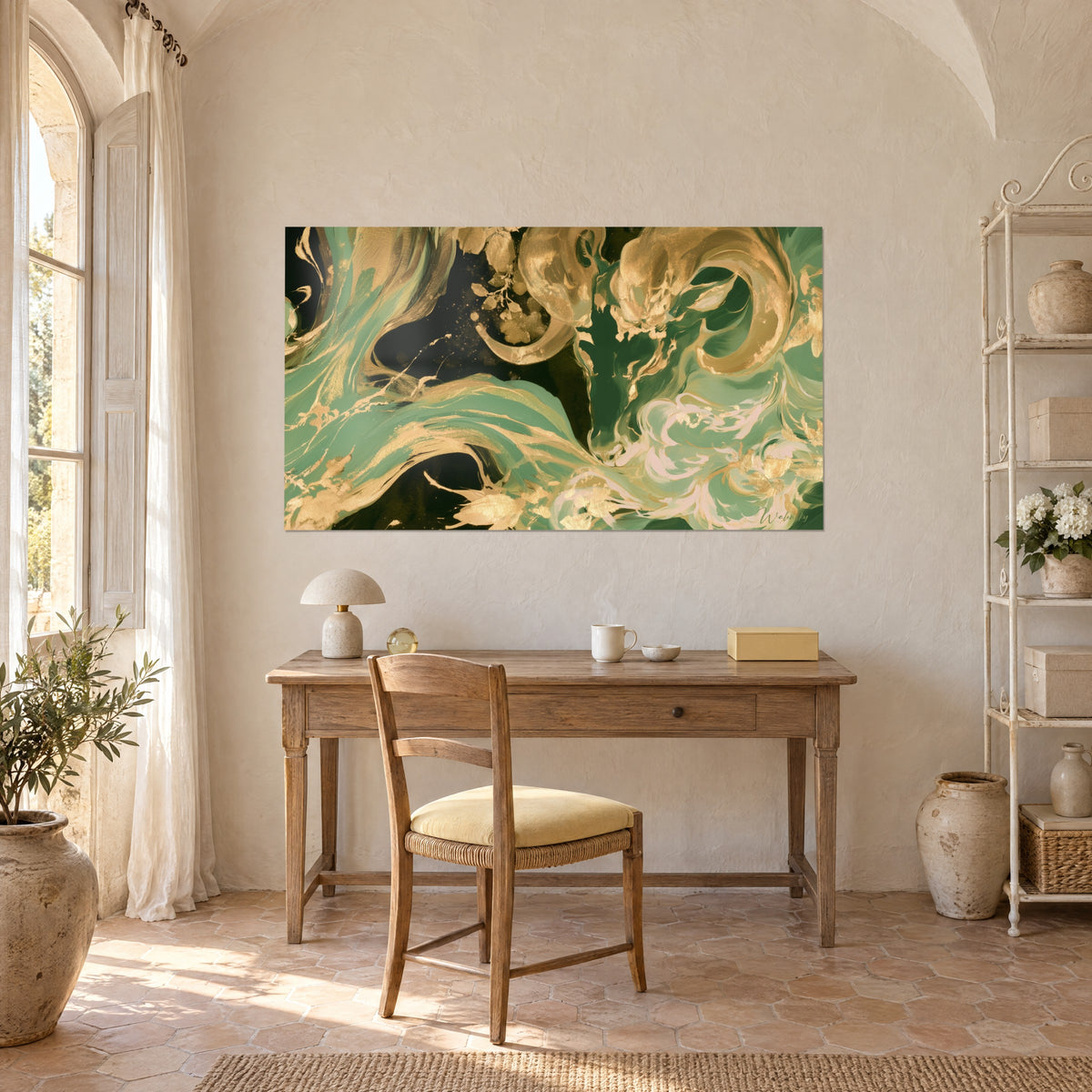 Wall art coiled horns in patinated gold on sage green and deep black background, above a wooden desk in a farmhouse