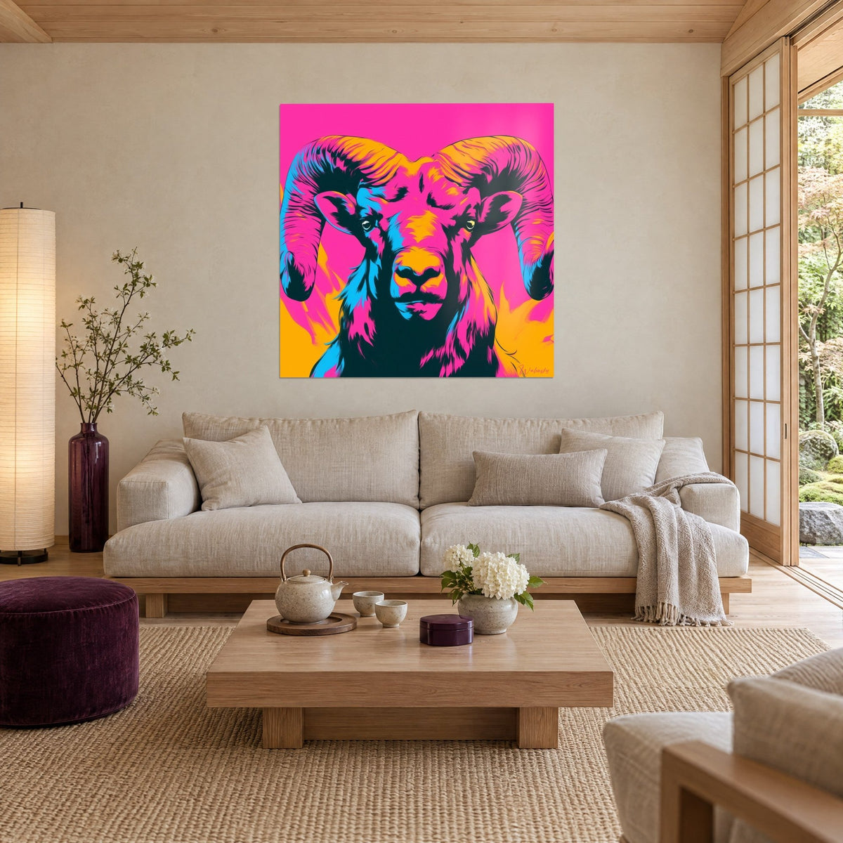 Tableau bélier aux cornes spiralées fuchsia et orange, fond rose vif, au-dessus d'un canapé dans un salon lumineux