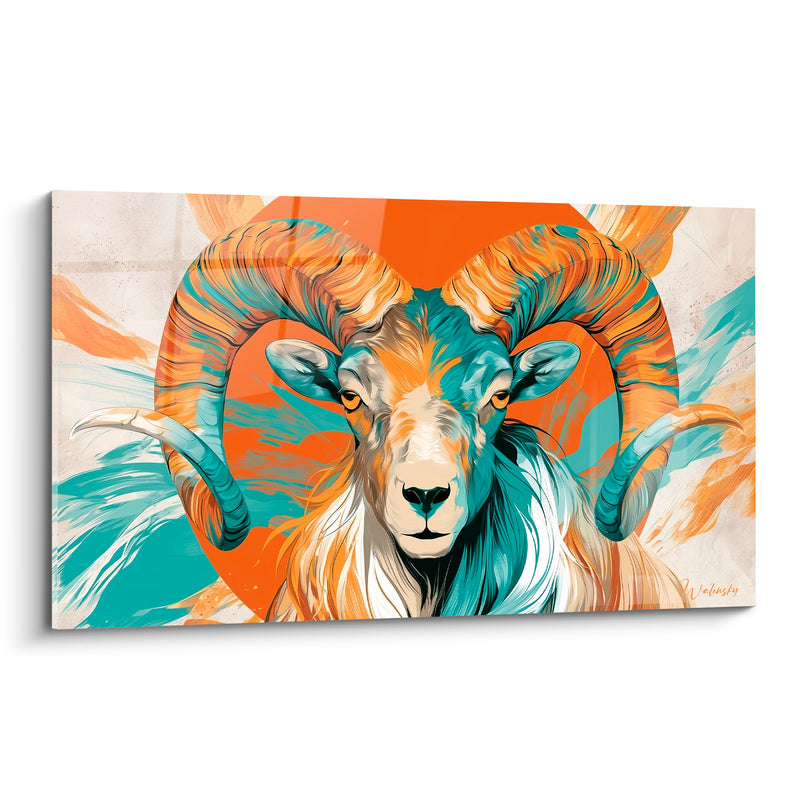 Tableau Bélier cornes orange et turquoise sur fond ocre - Regard du zodiaque - Edition Bélier