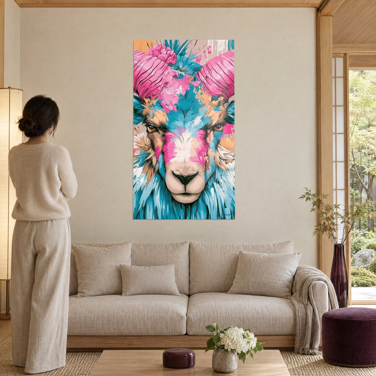 Tableau bélier de face aux cornes enroulées rose fuchsia, toison bleu turquoise, femme de dos, au-dessus d'un canapé dans un salon lumineux