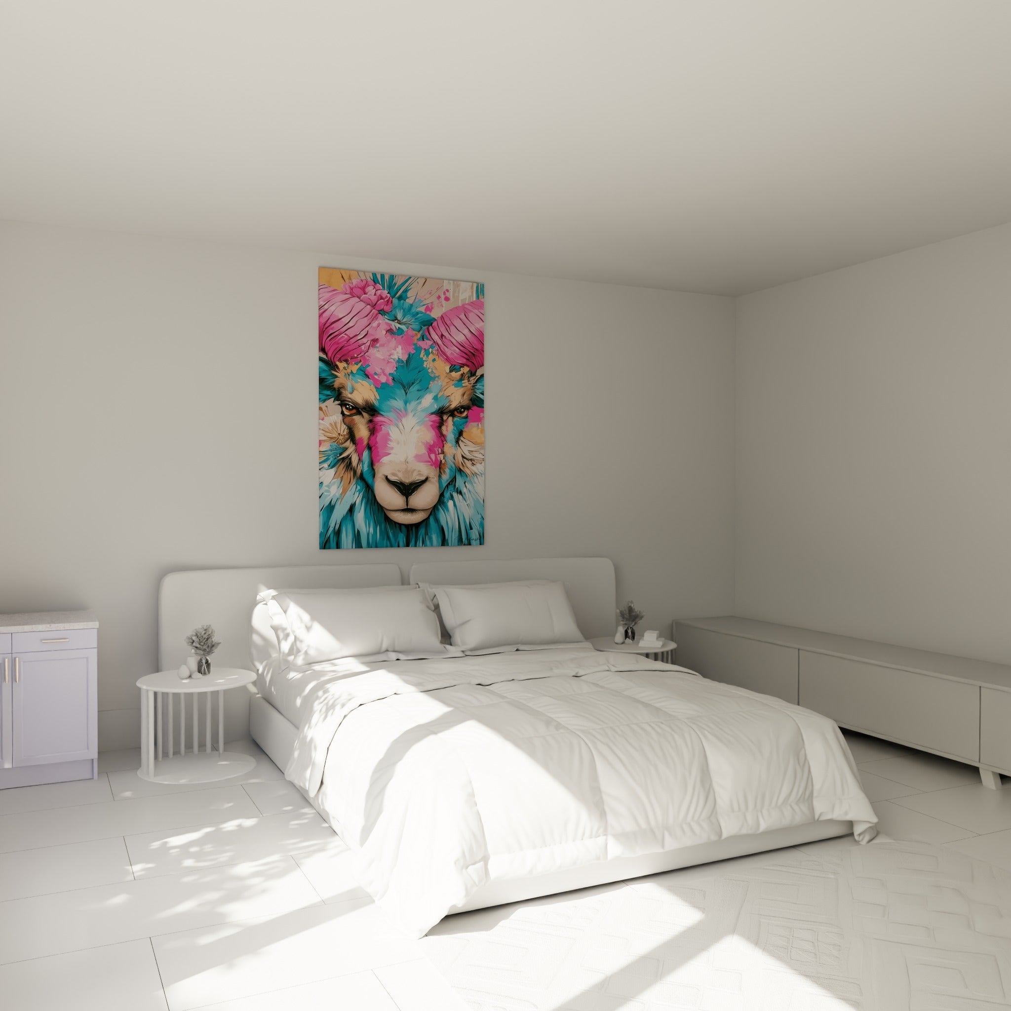 Cornes roses et pelage turquoise du Bélier, accrochées au-dessus d'un lit dans une chambre claire
